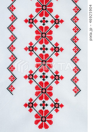 Embroidery on White Linen by Red and Black Threads 46925904