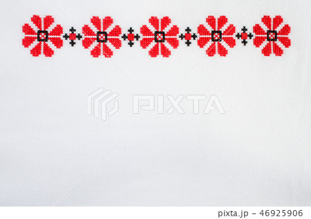 Embroidery on White Linen by Red and Black Threads 46925906