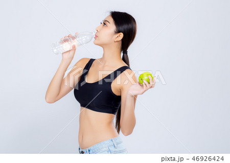 Beautiful asian woman bottle of water and apple 46926424