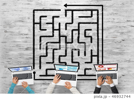 Top view of businesspeople sitting at table and using gadgets 46932744