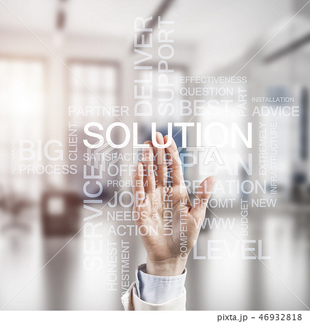 Concept of modern business with palm choocing on of keywords for Concept of modern business with palm choocing on of keywords for 46932818