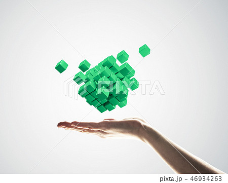 Cube color figure in male palm as symbol for integration. 3D ren Cube color figure in male palm as symbol for integration. 3D ren 46934263