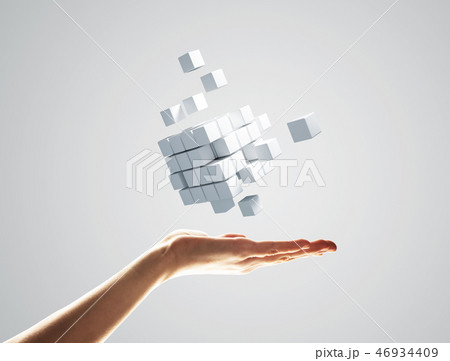 Cube white figure in male palm as symbol for integration. 3D rendering 46934409