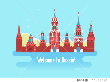 Cartoon Kremlin Palace Welcome to Russia Card Poster. Vector 46935656