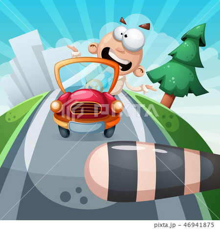 Crazy man in the car. Funny illustration. 46941875