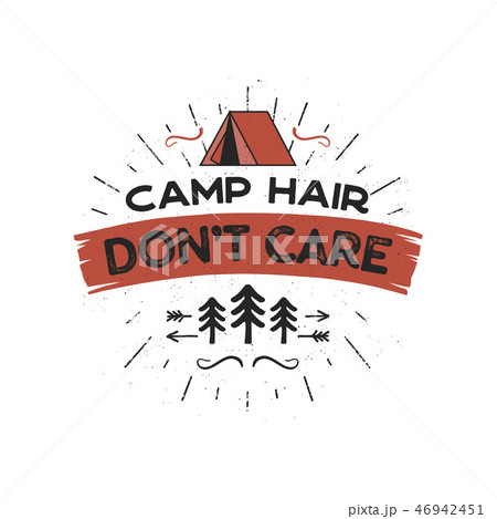 Outdoors Adventure Badge - Camp Hair Don t Care T-Shirt Design with tent, trees, sunbursts symbols 46942451
