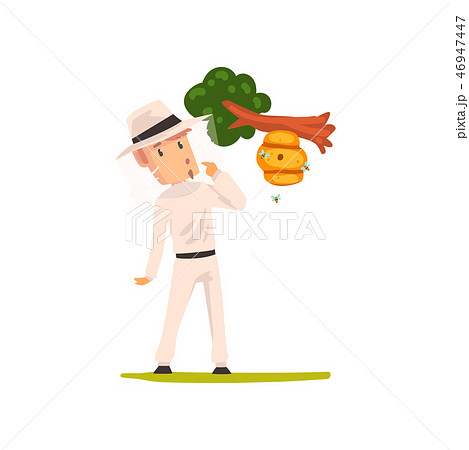Beekeeper man looking at the hive hanging on a tree branch, apiculture and beekeeping concept vector Beekeeper man looking at the hive hanging on a tree branch, apiculture and beekeeping concept vector 46947447
