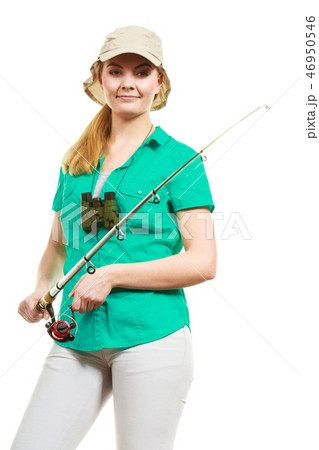 Woman with fishing rod, spinning equipment Woman with fishing rod, spinning equipment 46950546