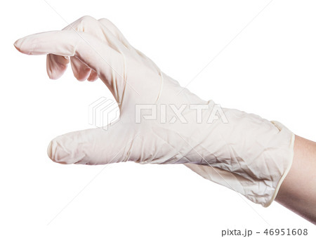 female hand in latex glove shows big size 46951608