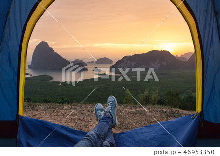 Tent lookout on the sea bay and rocks at sunrise. 46953350