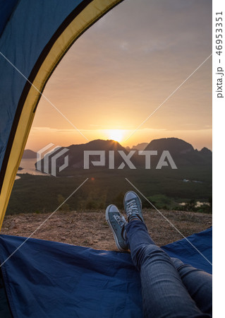 Tent lookout on the sea bay and rocks at sunrise. 46953351