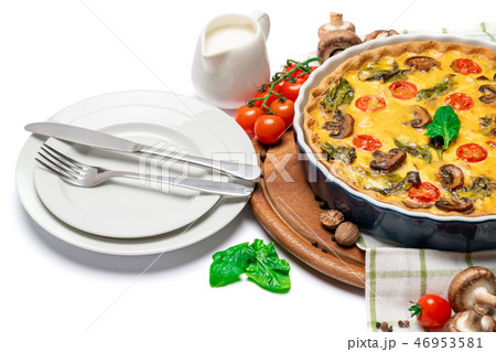 Baked homemade quiche pie in ceramic baking form 46953581