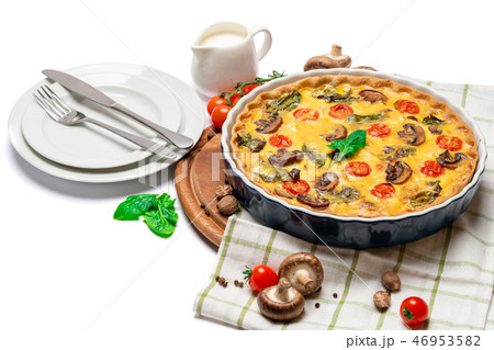 Baked homemade quiche pie in ceramic baking form 46953582