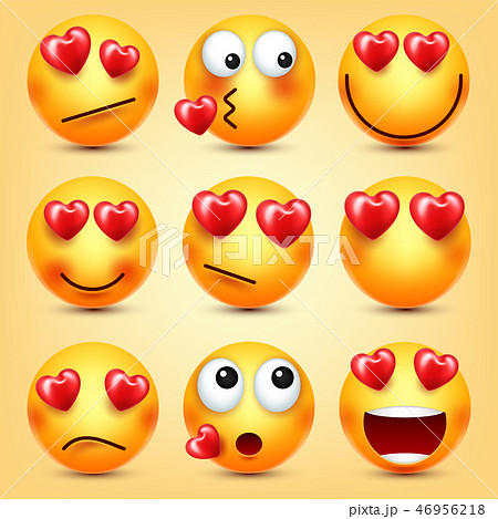 Emoji Smiley With Red Heart Vector Set. Valentines Day Yellow Cartoon Emoticons Face. Love Feeling 46956218