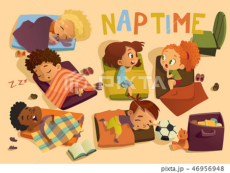 Nap time in the kindergarten. Group of multiracial girls and boys have a nip time at a colorfill nap Nap time in the kindergarten. Group of multiracial girls and boys have a nip time at a colorfill nap 46956948