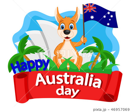 Kangaroo waving a flag on the background of the 46957069