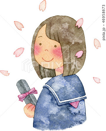 卒業証書を持つ女の子 桜飾り付きのイラスト素材