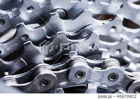 Bike cassettes. Silver stars and chains. Driving s 46970922