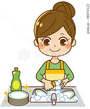食器洗いをする主婦のイラスト素材