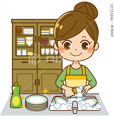 食器洗いをする主婦 食器棚のイラスト素材