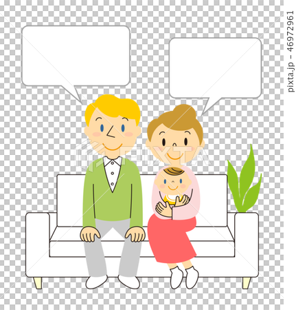 International married couple sitting on the sofa and half babies and speech bubbles 46972961