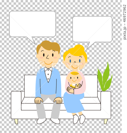 International married couple sitting on the sofa and half babies and speech bubbles 46972962