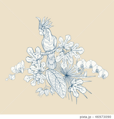 A composition of tropical plants, palm leaves 46973090