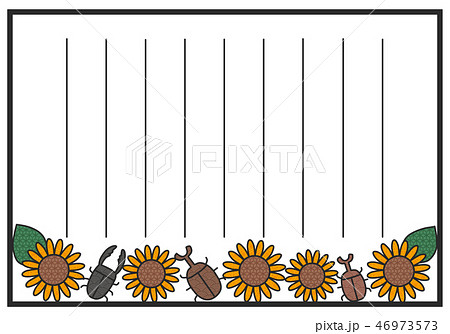 和柄のヒマワリとカブトムシとクワガタの縦書き便箋のイラスト素材