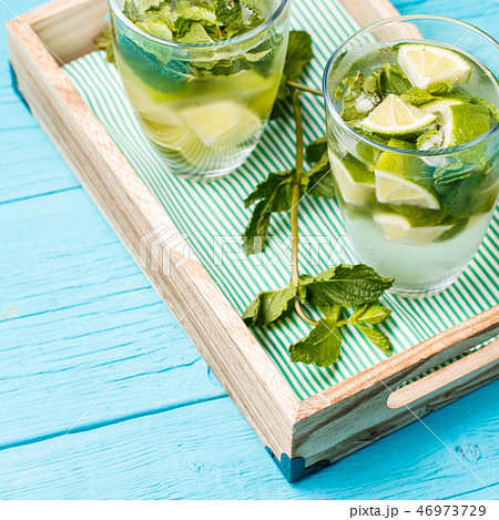 Two glasses of mojito in wooden box with mint 46973729