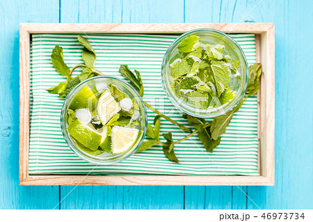 Two glasses of mojito in wooden box with mint 46973734