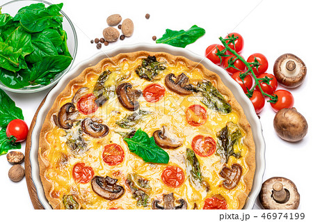 Baked homemade quiche pie in ceramic baking form 46974199