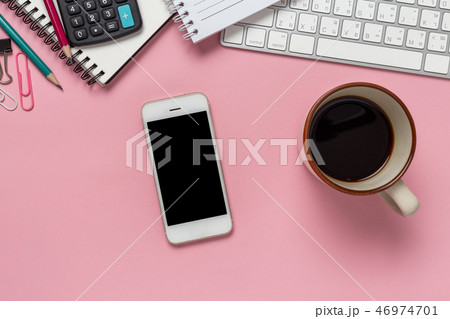 Top view office desk with empty smartphone,  46974701