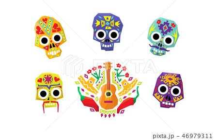 Mexican sugar skulls set, Day of the dead, Mexican cultural symbols vector Illustration Mexican sugar skulls set, Day of the dead, Mexican cultural symbols vector Illustration 46979311