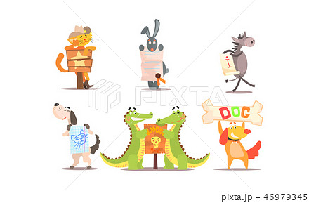 Collection of funny animals in different situations, amusing animals holding signs vector 46979345