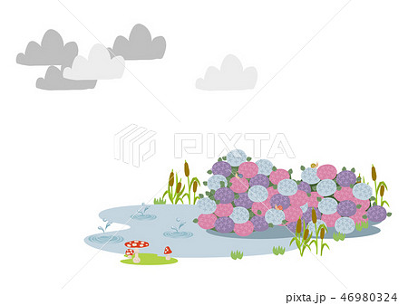 池に降る雨 梅雨のイラスト 水際の生物 雨が降っている風景 自然の景観 梅雨の風景のイメーのイラスト素材