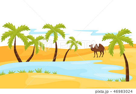 Sandy Landscape With Blue Lake Brown Camel And のイラスト素材 46983024 Pixta