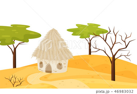 Sandy scenery with small house, dry and green trees. Cartoon landscape of hot desert. Natural view 46983032