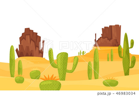 Scenery of hot sandy desert with green cacti and brown rocky mountains. Wilderness landscape. Flat 46983034