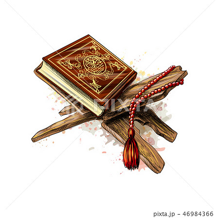 Holy book of Koran with rosary from splash of watercolors. Muslim holiday, Eid Mubarak, Eid al-fitr 46984366