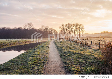 Fantastic calm river with fresh grass in the sunset. Beautiful green winter landscape on a cold day 46985953