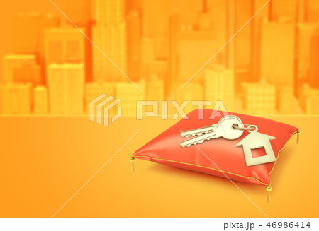 3d rendering of golden keys and a house shape key fob on a red cushion on yellow city background 46986414