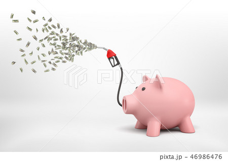 3d rendering of a piggy bank with a hose from a fuel filling column sprinkling cash out of it. 3d rendering of a piggy bank with a hose from a fuel filling column sprinkling cash out of it. 46986476