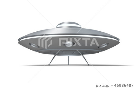 3d rendering of a UFO standing on the ground with its hatch open isolated on a white background. 46986487