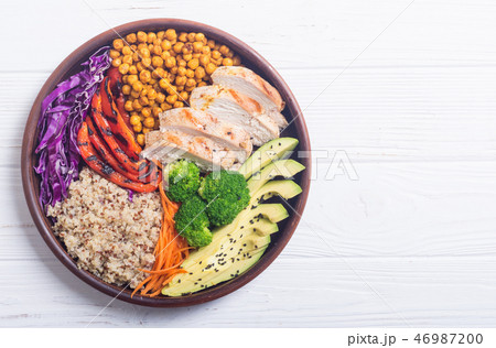 Buddha bowl avocado chicken pepper quinoa chickpe Buddha bowl avocado chicken pepper quinoa chickpe 46987200
