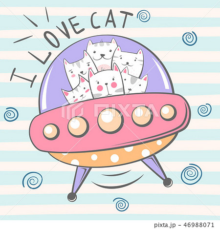 Crazy Beautiful Cat Character Ufo Illustration のイラスト素材