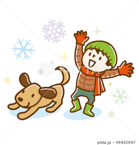 雪が降って喜ぶ子供と犬 46992697