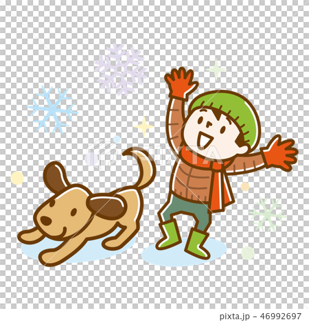 雪が降って喜ぶ子供と犬 46992697