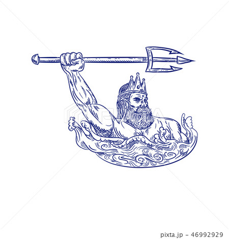 Triton Wielding Trident Drawing Blueのイラスト素材