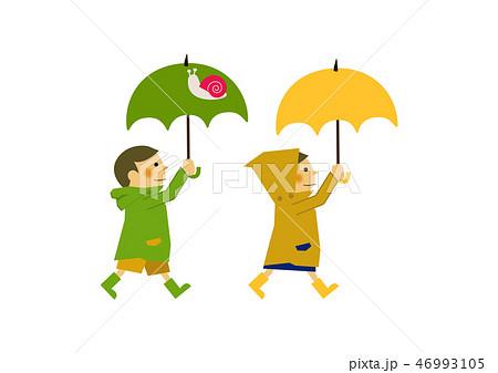 レインコートを着た子供 雨のイメージイラスト 梅雨の季節の為のイラストレーション 子供と雨のイのイラスト素材