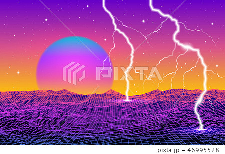 Retro 80s styled futuristic landscape with neon sun or moon and lightning in digital space with 46995528